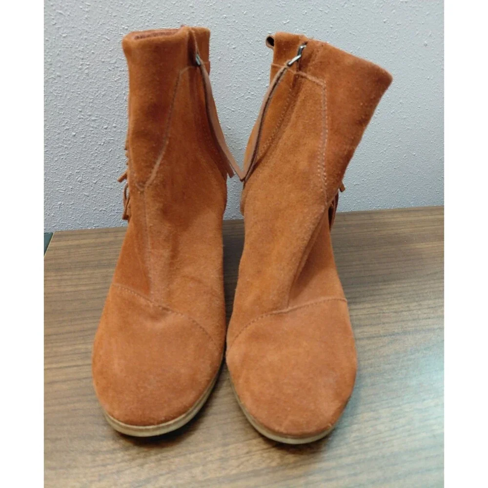 Toms Lunata Booties Ankle Boots Cognac Suede Fringe Women's Size 9.5 Side Zipper - Picture 2 of 10